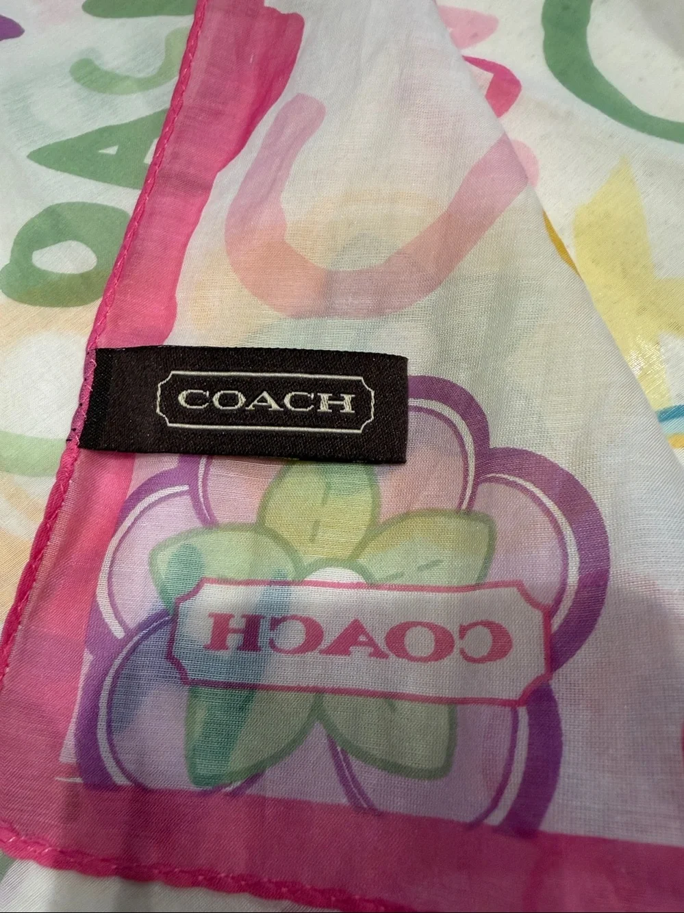 Coach Multicolor Floral Logo Sheer Scarf with Pink Trim